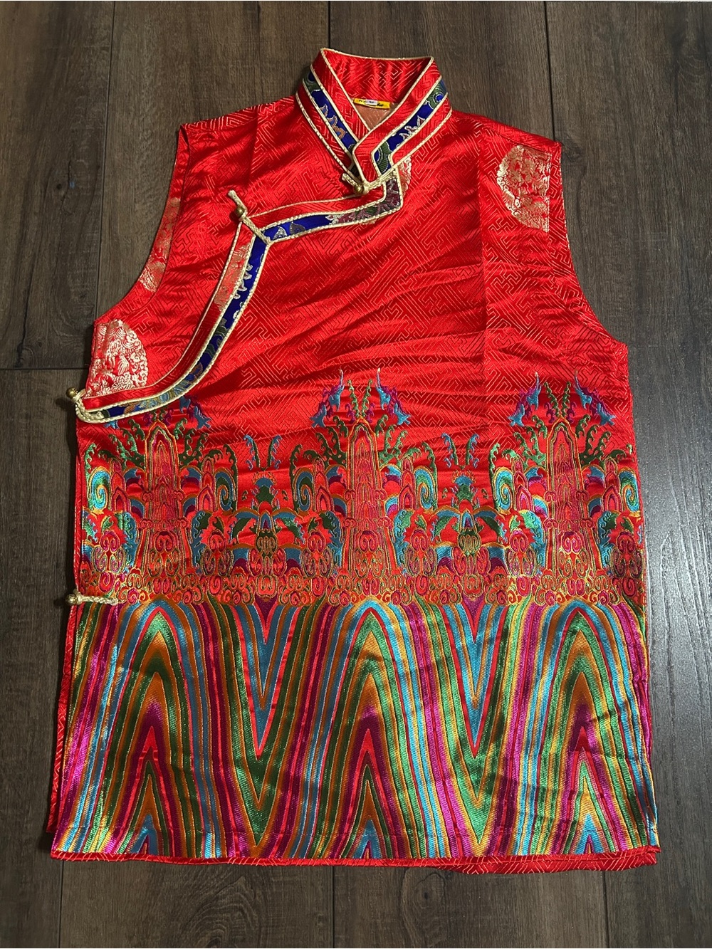 VTG Traditional Tibetan Nomad Vest - Red Silk Brocade - Rainbow Trim
